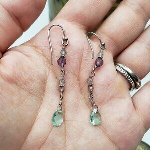 Silver‎ Beaded Drop Earrings Clear Aqua